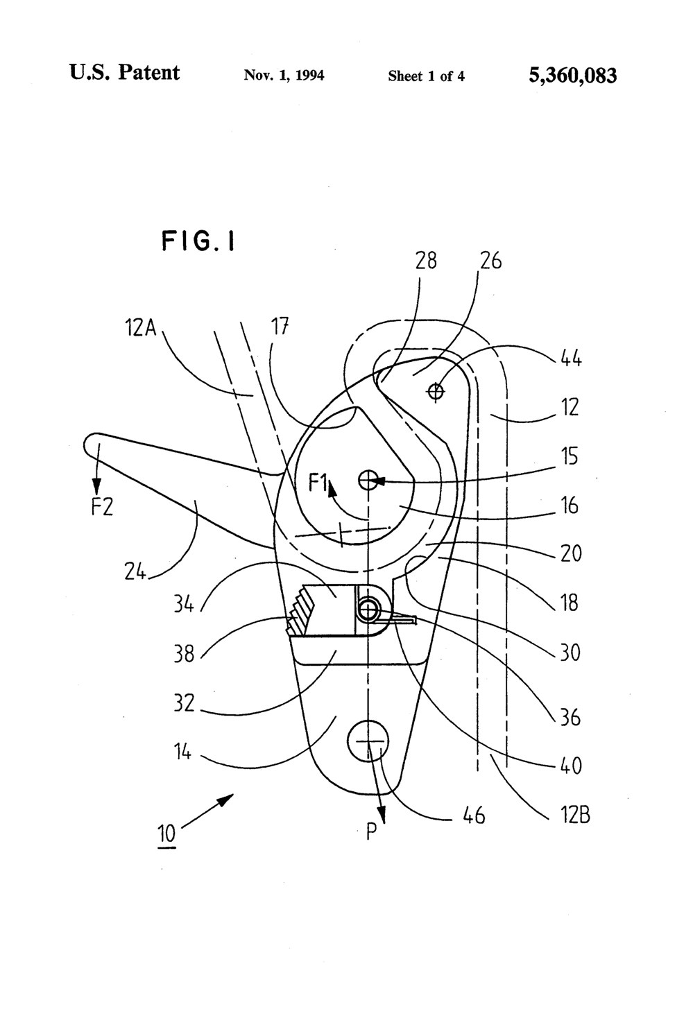 Patent drawing for a self-jamming climbing descender